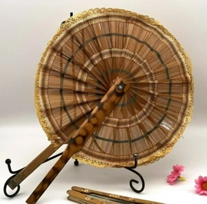 Vintage Chinese Fabric Lace Bamboo Folding Hand Held Fan - Picture 1 of 8