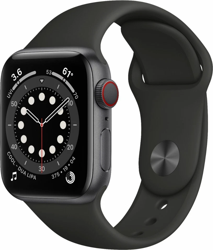 Apple Watch Series 6 40mm Space Gray Aluminum Case with Black Sport Band - Regular (GPS + Cellular) (M02Q3LL/A)