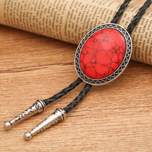 Giant Red Granite Bola Bolo Tie Wedding Necklace PU Leather Rope Western Cowboy