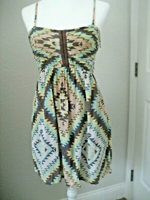 Sz S Brown Blue Yellow Aztec Tribal BILLABONG DRESS Spaghetti Strap Elastic - Image 1 of 4