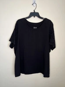 Denim & Co. Top donna 2X nero corto tipo pizzo manica pop over nuovo senza etichette - Foto 1 di 8
