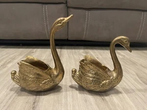 Vintage Brass Swan Planters Indoor / Outdoor Heavy Gold Colored - Picture 1 of 9