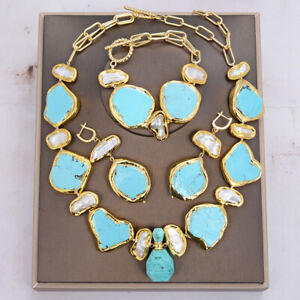 White Biwa Nugget Turquoise Gold Plated Pendant Necklace Bracelet Earrings Sets