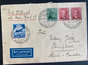 1936 Berlin Germany Airmail Cover To Sunnybrook Canada Automobile Cancel - Picture 1 of 2