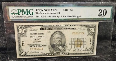 Rare 1929 National Currency Bill $50 Troy NY Grade 20 "Very Fine" Brown Seal - Image 1 of 4