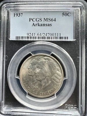 1937 ARKANSAS SILVER COMMEMORATIVE HALF DOLLAR PCGS MS64 GOLD TONED - Image 1 of 4