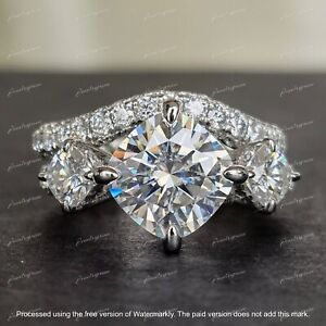 3CT Cushion Cut Moissanite Bridal Set 3 Stone Engagement Ring White Gold Finish