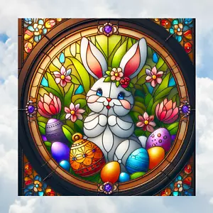 Easter Bunny & Basket Faux Stained-Glass WINDOW CLING Size 8" Square Vinyl - Picture 1 of 1