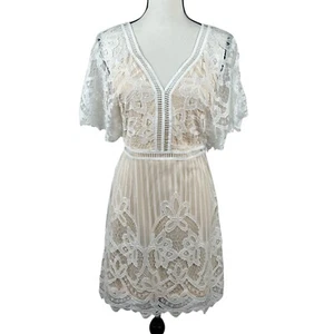 Boohoo Boutique Women's Mini Dress Size 8 Ivory Lace Bodycon V Neck Short Sleeve - Picture 1 of 12