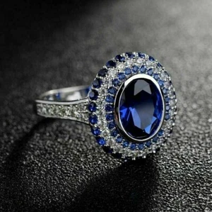 2.00 Ct Oval Cut Simulated Blue Sapphire Engagement Ring 14k White Gold Finish - Picture 1 of 9