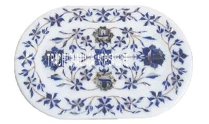 9"x12" Marble White Slab Tray Plate Rare Lapis Inlay Floral Valentine Table Deco - Picture 1 of 4