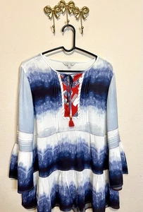 John Mark blau, rot und weiß Boho Bluse mit Bindeband vorne. Größe L - Bild 1 von 6