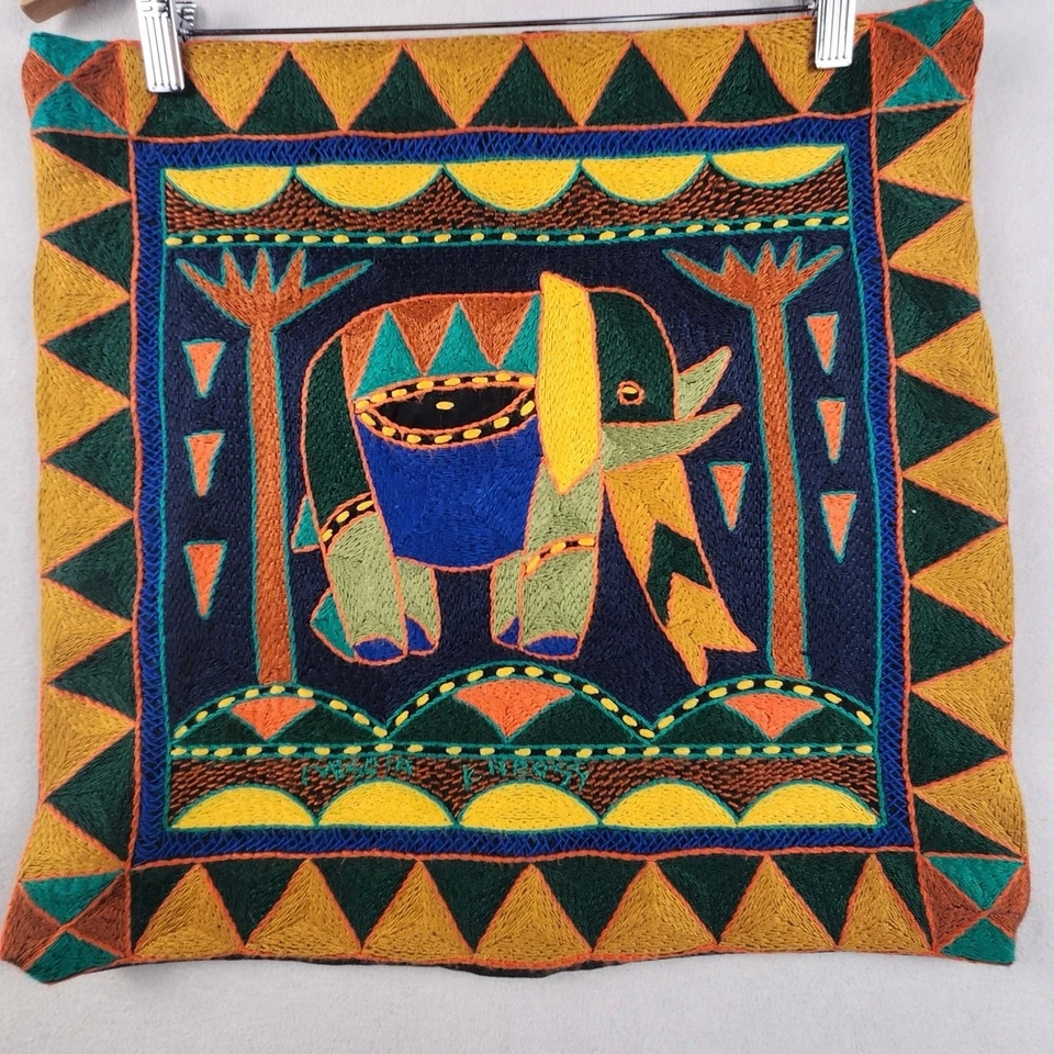 Kaross Hand Embroidered Elephant Pillow Cover South Africa 17”x17” Vibrant - Image 1 of 4