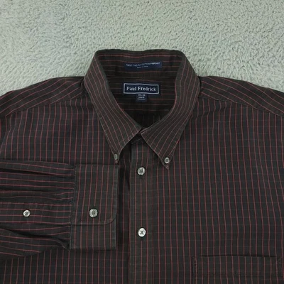 Paul Fredrick Shirt Mens 17.5-33 Black Red Stripe Trim Fit Cotton Button Up - Image 1 of 4