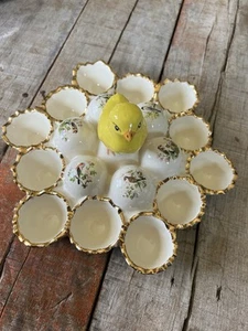 12 Eierhalter Küken mit Vogel auf Eiern Keramik Goldrand Ostern Frühling Vintage - Bild 1 von 12