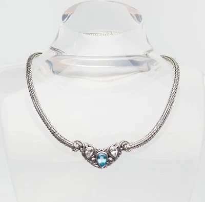 Collana Elegante Vintage In Argento Sterling Con Cristallo Blu Di Bali - Immagine 1 di 4