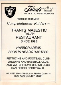 1984 • TRANIS MAJESTIC RESTAURANT Printanzeige • Los Angeles Raiders 1980er ADS.46 - Bild 1 von 2