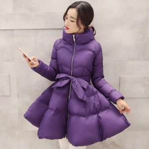 Lady Quilted Padded Puffer Coats Jacket A-line Swing Belt Mid-length Winter - Picture 1 of 8
