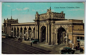 OHIO Columbus 1925 UNION STATION TROLLEY CAR AUTOMOBILES Vintage Photo PC - Picture 1 of 2