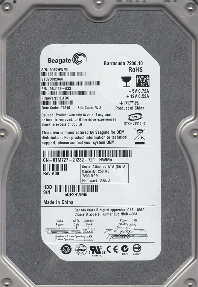Seagate Barracuda 250GB 7200RPM SATA 3Gbps 3.5" LFF Hard Disk Drive ST3250820AS - Image 1 of 1