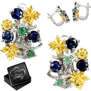 Echter Saphir & Smaragd Creolen Ohrringe 925er Sterlingsilber 585 Gelbgold J10 - Bild 1 von 5