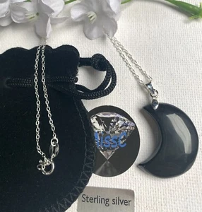 BLACK OBSIDIAN CRESCENT MOON WITH 925 STERLING SILVER BAIL and CHAIN - Picture 1 of 7