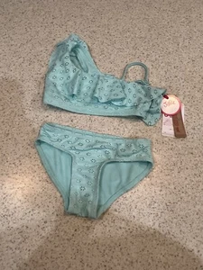 Girls Justice 2 Piece Bikini Swimwear Set Size Small 5/6 Teal One Shoulder NWT - Picture 1 of 5