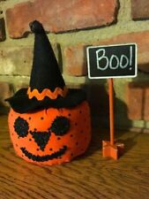 Primitive OOAK Halloween Jack O' Lantern JOL W/ Witch Hat Shelf Sitter Sign