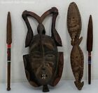 Vintage Lot Of 4 African Wood Carved Masks And Beaded Spear Heads Decorative