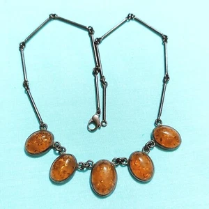 Vintage Sterling Silver Bezel Set Amber Bar Link Choker Necklace 16.5in 925 - Picture 1 of 8