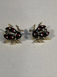 Black Enamel Lady Bug Pin Pair. Rhinestone Emerald Grannycore 1 Inch A4 - Picture 1 of 6