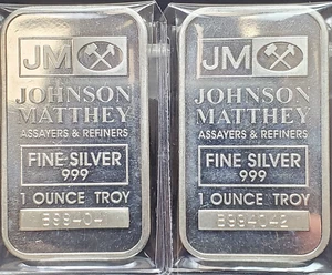 Lotto di 2 lingotti argento fine Johnson Matthey 1 oncia .999 #1 - Foto 1 di 2