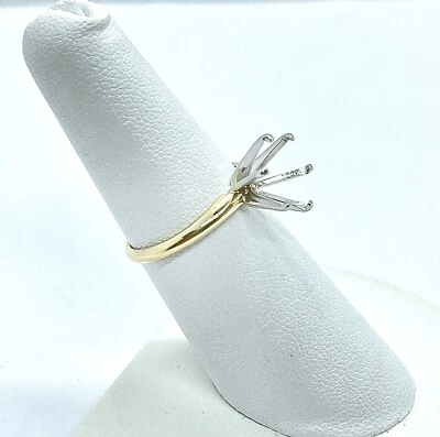 14k two tone gold 9mm 3ct size head 6 prong semi mount size 6 2.50 grams estate  - Image 1 of 4