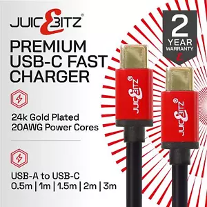 JuicEBitz® Premium USB C (Type C) Fast Phone Charger Cable & Data Transfer Lead - Picture 1 of 6