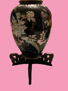 Antique Cloisonné Japanese  Vase W/Mother of Pearl Inlaid Mating Peacock & Stand - Picture 1 of 11