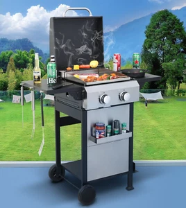 2 Burner Propane Gas BBQ Grill Griddle with Wheels Grids Foldable Side Table New - Bild 1 von 9