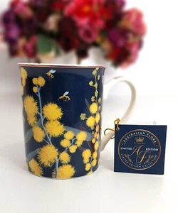 Birthday Gift Lady/Mum/Female Bone China Mug Navy Blue Australian Yellow Wattle - Picture 1 of 8