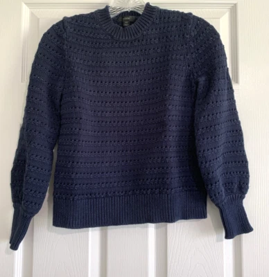 J Crew Sweater Womens XS Navy Blue Pointelle Knit Ballon Sleeve Preppy College - Image 1 of 4