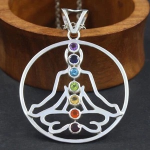 Yoga 7 Chakra Natural Stone Energy Pendant Necklace 925 Silver Healing Gifts - Picture 1 of 6