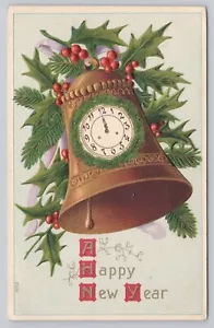 Feliz Año Nuevo, Reloj Campana a Medianoche, Hiedra Acebo, Repujado, Postal Vintage - Imagen 1 de 2