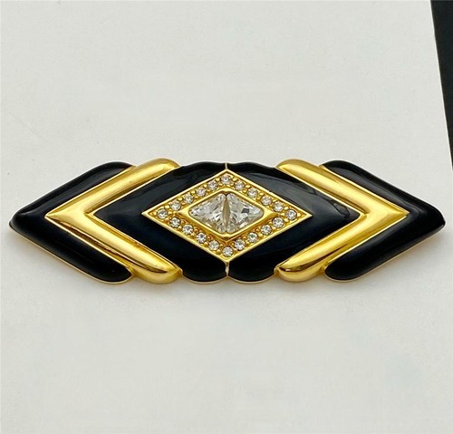 Swarovski S.A.L. vintage Smalto nero stile Art Decò cristallo oro pl. Spilla spilla
