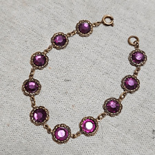 Vintage Purple Amethyst Crystal Stamped Brass Chain Link Bracelet