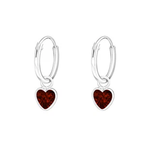 925 Sterling Silver Hoop Sleeper Earrings with Garnet Cubic Zirconia Heart - Picture 1 of 1