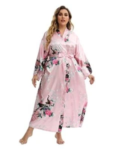 Women's Floral Long Satin Robes Plus Size 4X-Large-5X-Large Plus Peacock | Pink - Picture 1 of 6