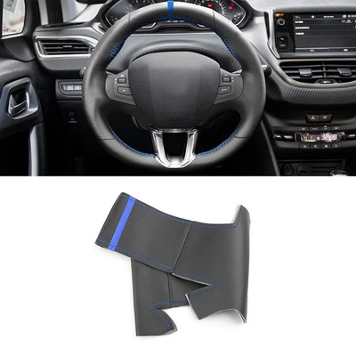 Black+Blue Hand Sew Leather Steering Wheel Cover For Peugeot 208 2008 2014-2018 - Image 1 of 4