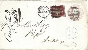 GB 1865 1d Rose P/S Cover Uprated 1d Red Pl.90 with London SE7 Numeral + Duplex - Picture 1 of 2