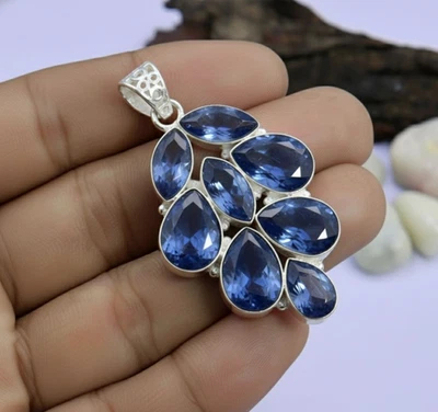 Blue Sapphire Pendant 925 Sterling Silver Multi Stone Teardrop Boho Jewelry - Image 1 of 4