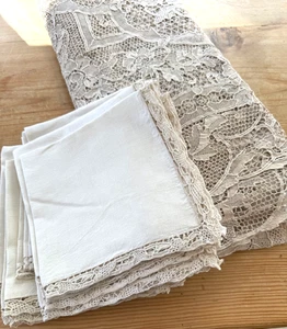 Vintage Antique All Lace Handmade Netlace Tablecloth with 12 Linen Napkins ZZ608 - Picture 1 of 13