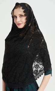 Velo Mantilla Lungo in Pizzo Nero per Donna - Velo Chiesa Cattolica Messa Latina Cha... - Foto 1 di 5
