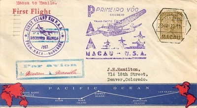 TRANS PACIFIC FIRST AIR MAIL FLIGHT MACAU-USA VIA MANILA 1937 MACAU STAMP - Image 1 of 2